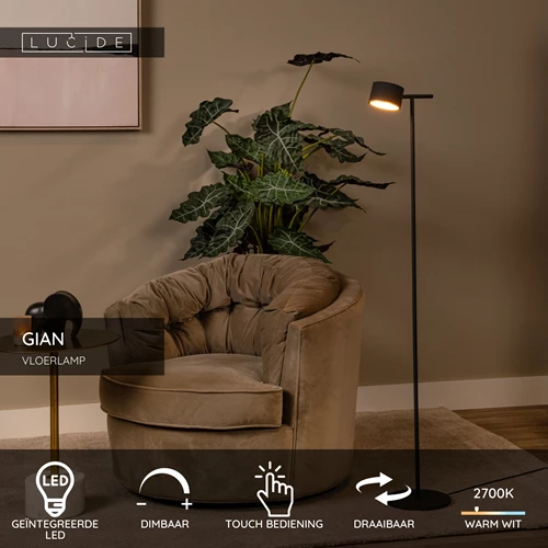 Lucide GIAN - Vloerlamp - LED Dimb. - 1x9W 2700K - Zwart - USP